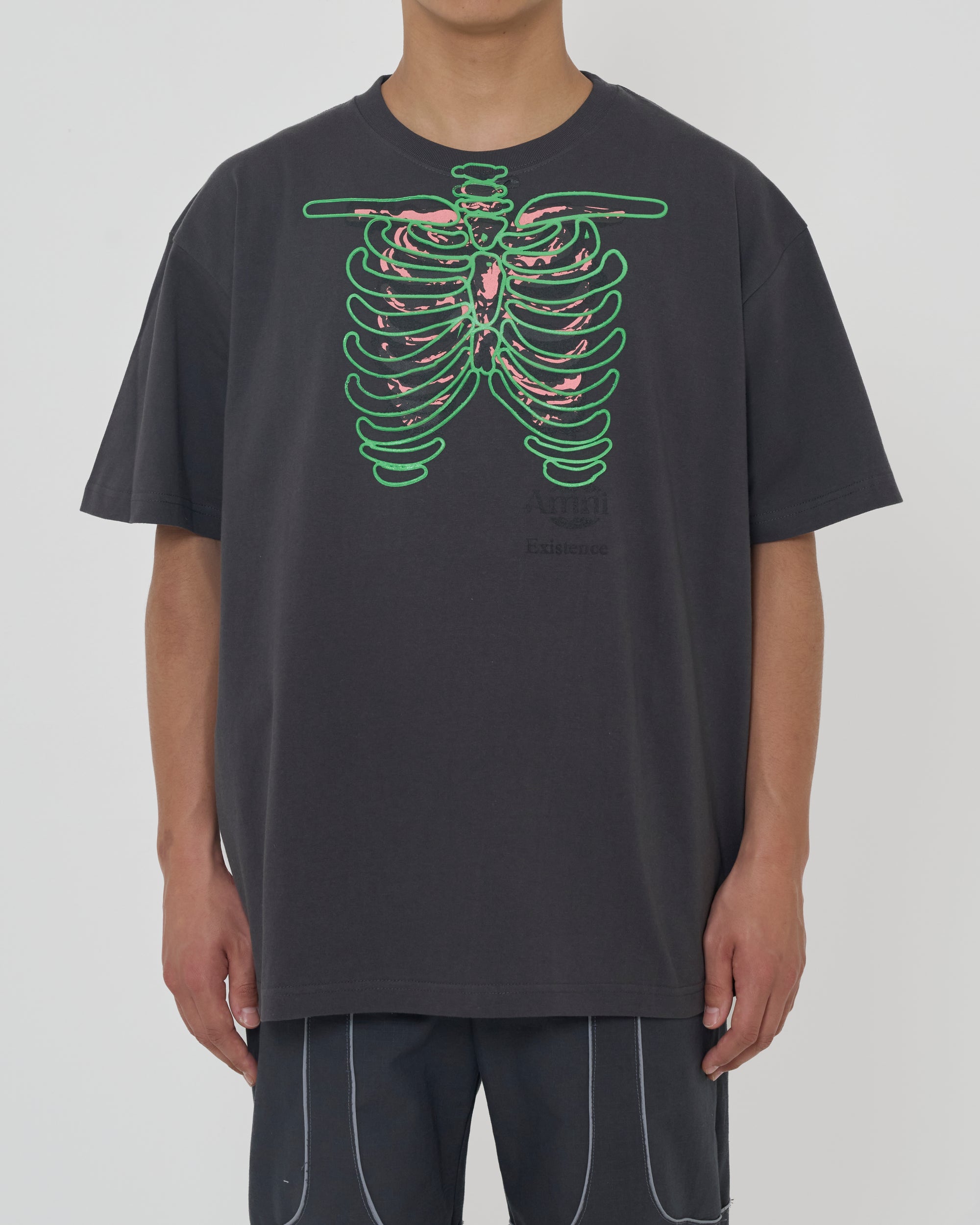 T-shirt squelette / Gris charbon × Vert clair