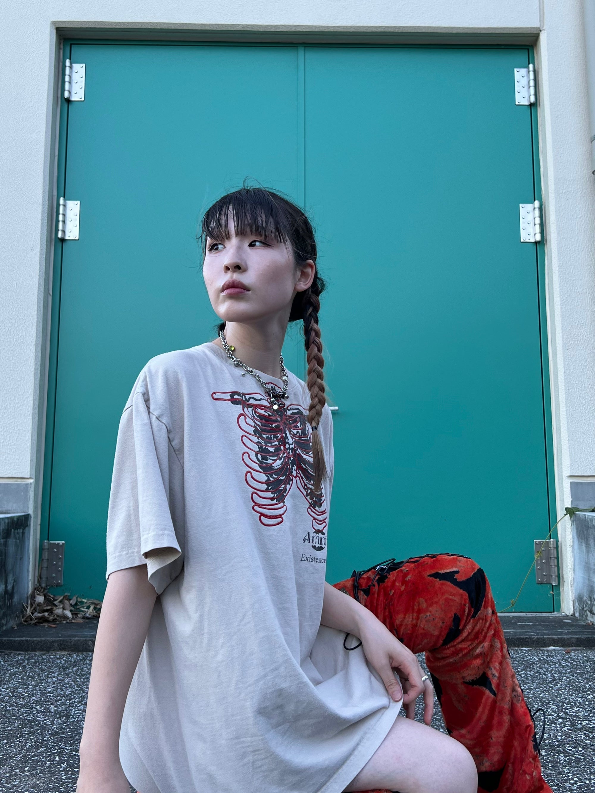 T-shirt squelette / Beige × Rouge