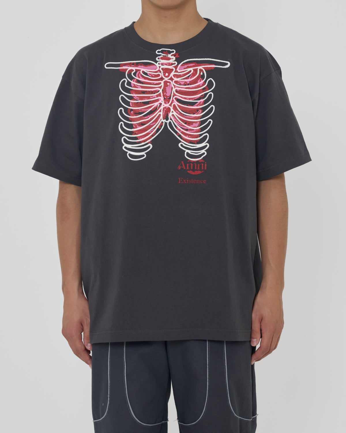 Skeleton T-shirt / Charcoal gray × Red