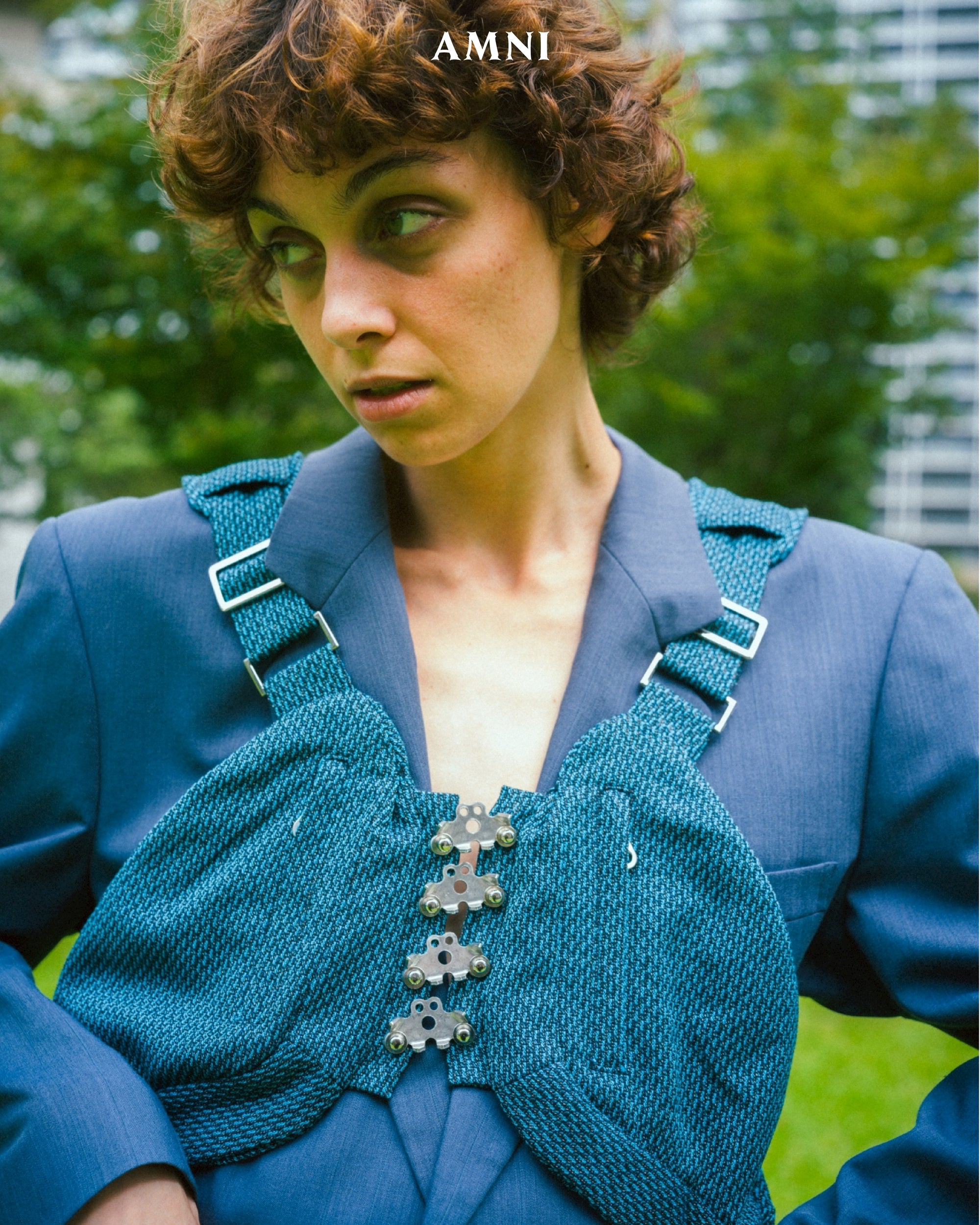 Lung outer vest / Sky blue tweed